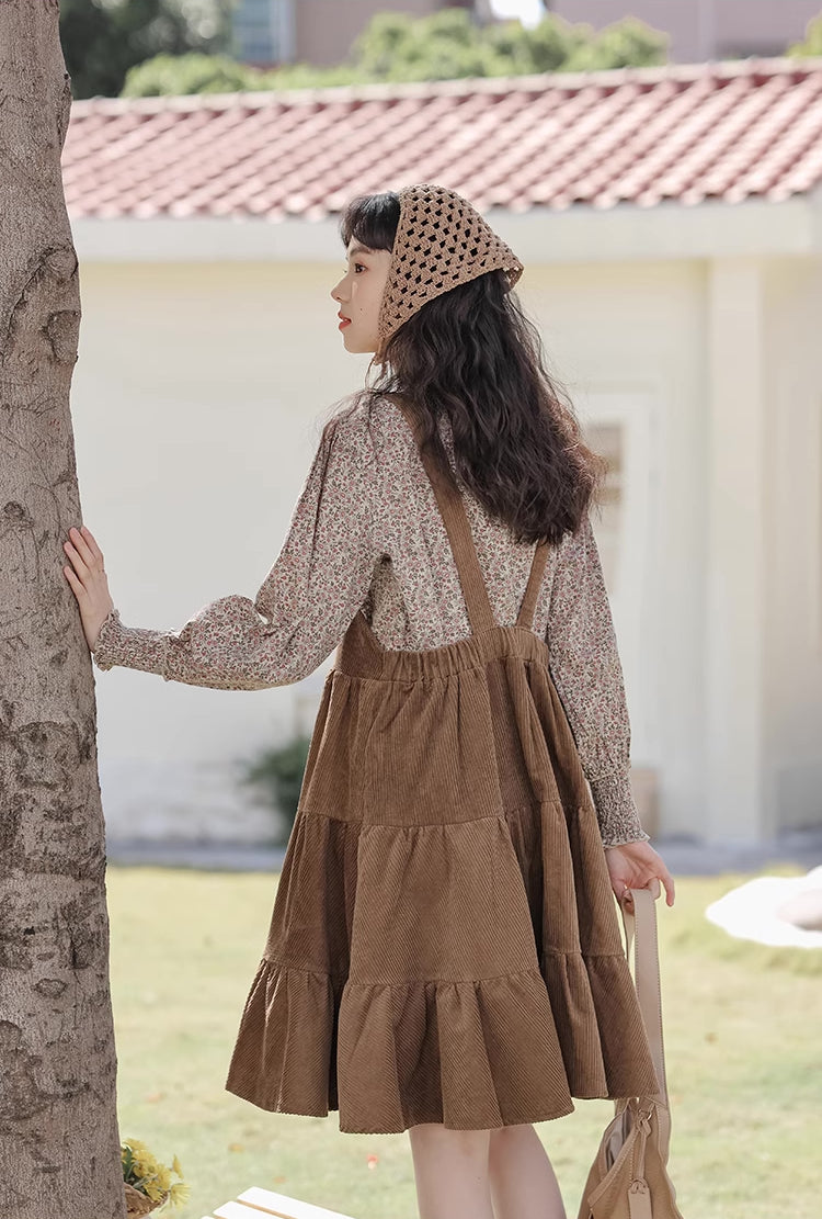 Tiered Corduroy Pinafore Dress & Blouse (Brown)