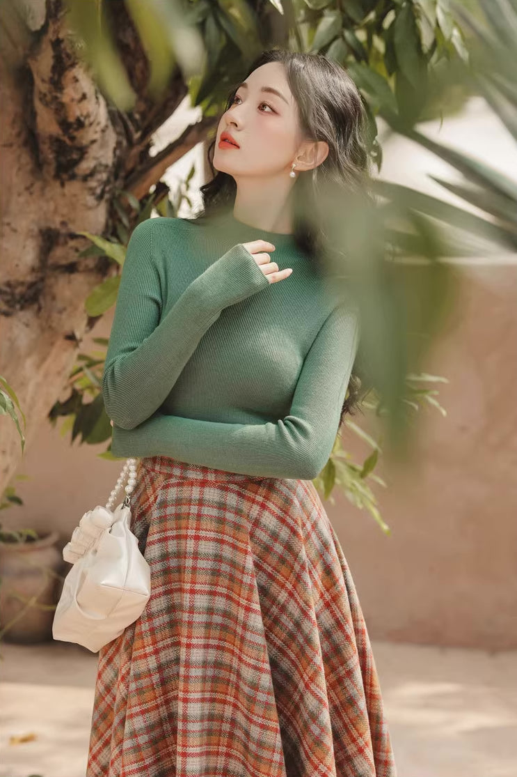 Maple Plaid Midi Circle Skirt (Multicolor)