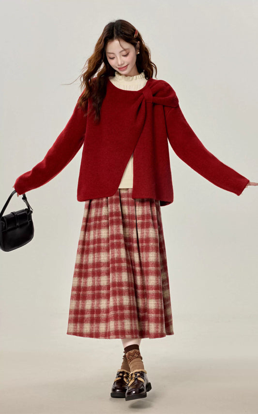 Rustic Plaid Midi Skirt (Red)