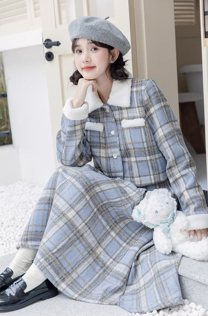 Elsa Plaid Tweed Midi Set (Blue)