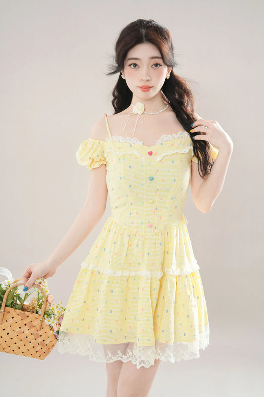 Gumdrop Gingham Cold Shoulder Mini Dress (Yellow)