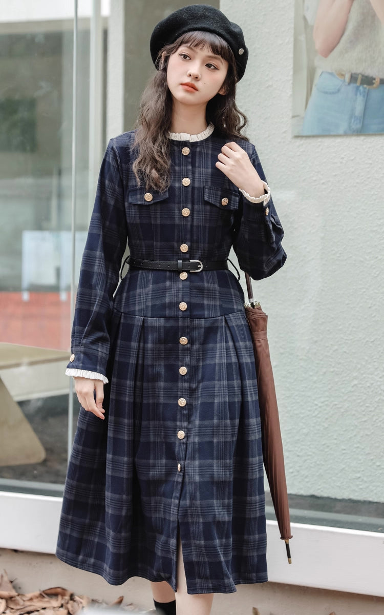 midi coat dress Academia Plaid Button Midi Dress (Navy) M
