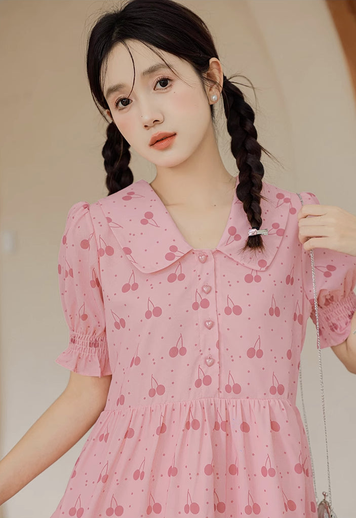 Sweet Cherry Tiered Shirt Dress (Pink)