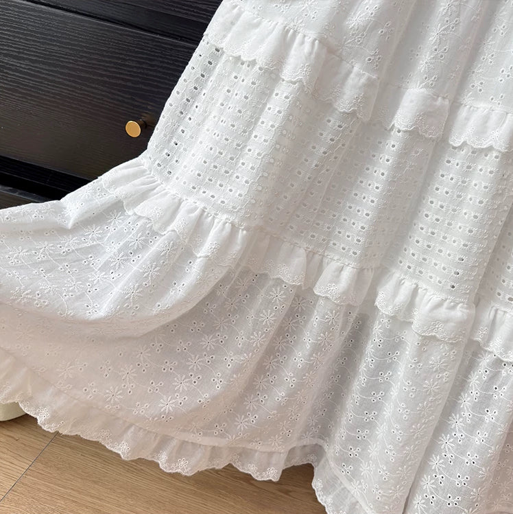 Broderie Tiered Midi Skirt (White)