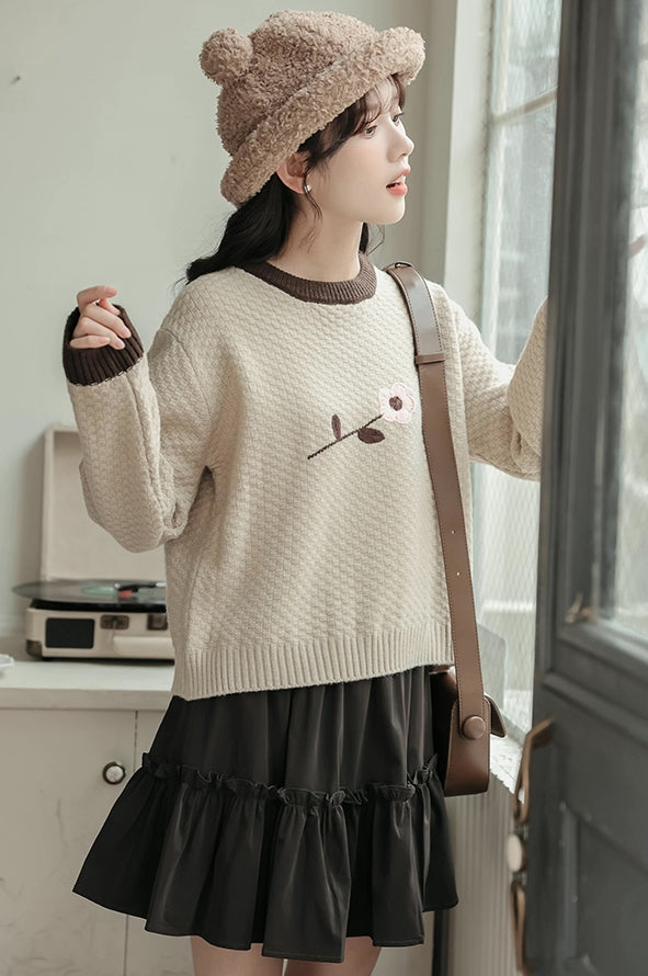 Waffle Knit Flower Sweater (2 Colors)