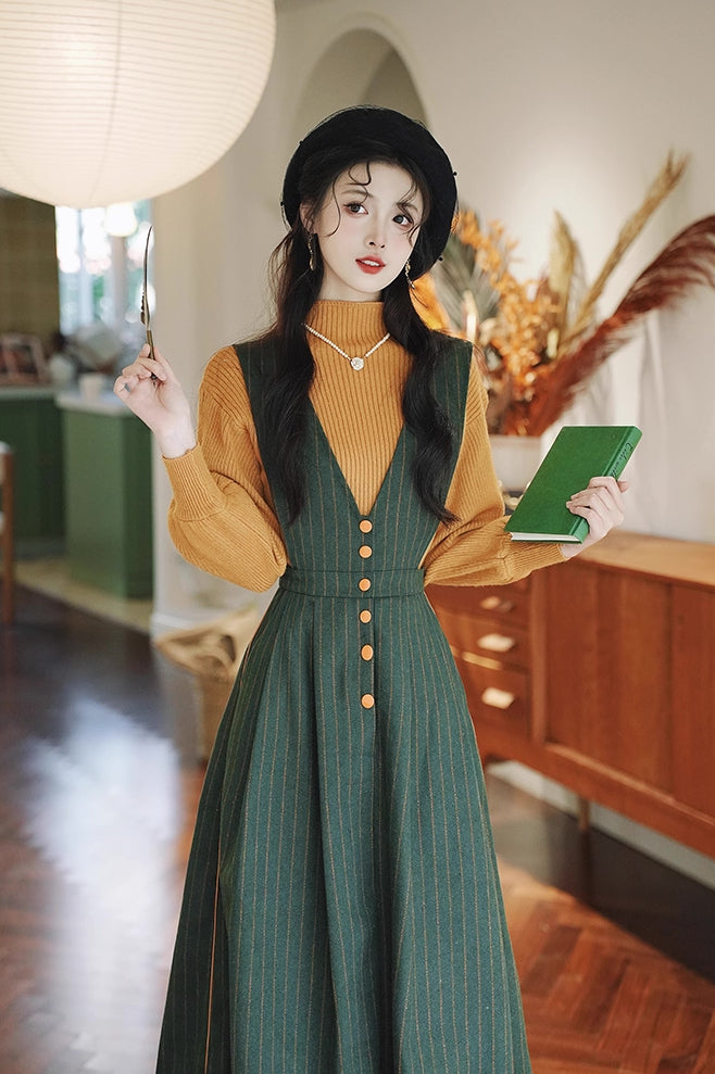 Gingko Stripe Pinafore & Sweater Set (Mustard/Green)