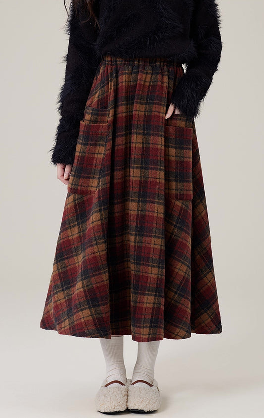 Bookshop Plaid Midi Skirt (Red/Khaki)