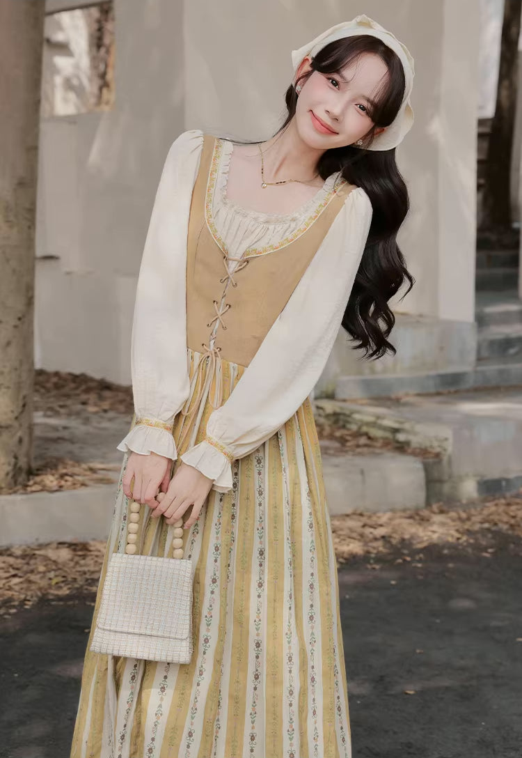 Folklore Faux Two-Piece Corset Dress (Mustard)