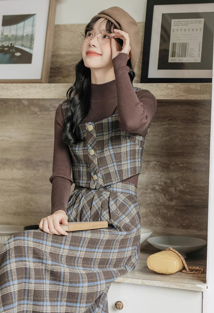 Mint Mocha Plaid Two-Piece Midi Set (Brown)