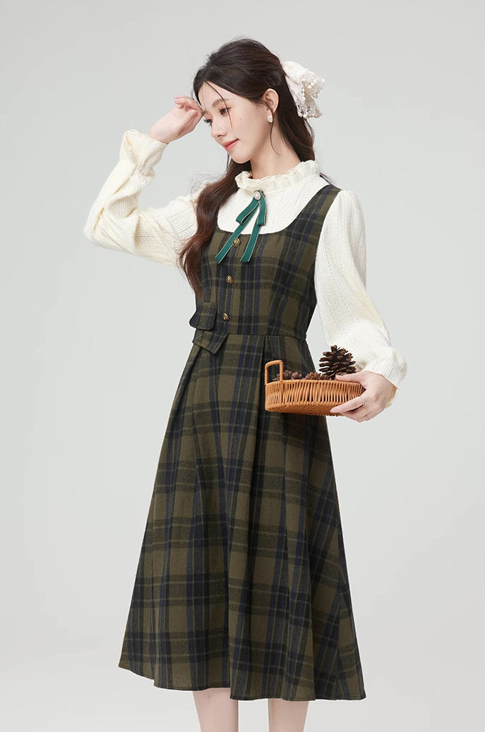 Cabin Plaid Twofer Midi Dress (Olive)