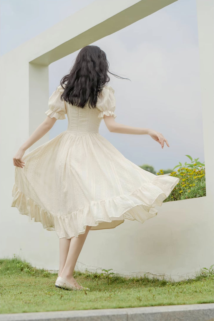 Lace Broderie Midi Dress (Cream)