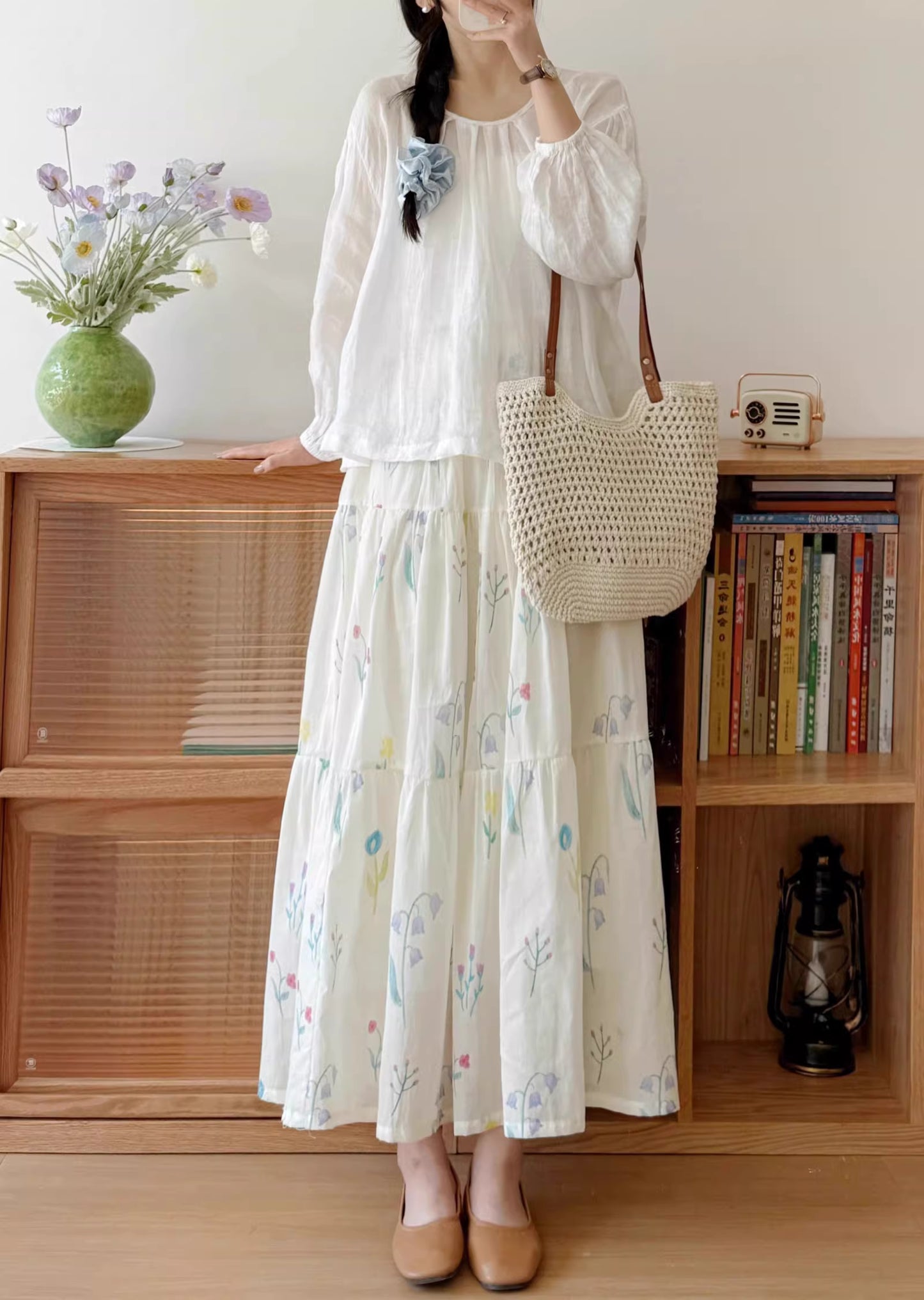 Pastel Watercolor Floral Midi Skirt (Cream)