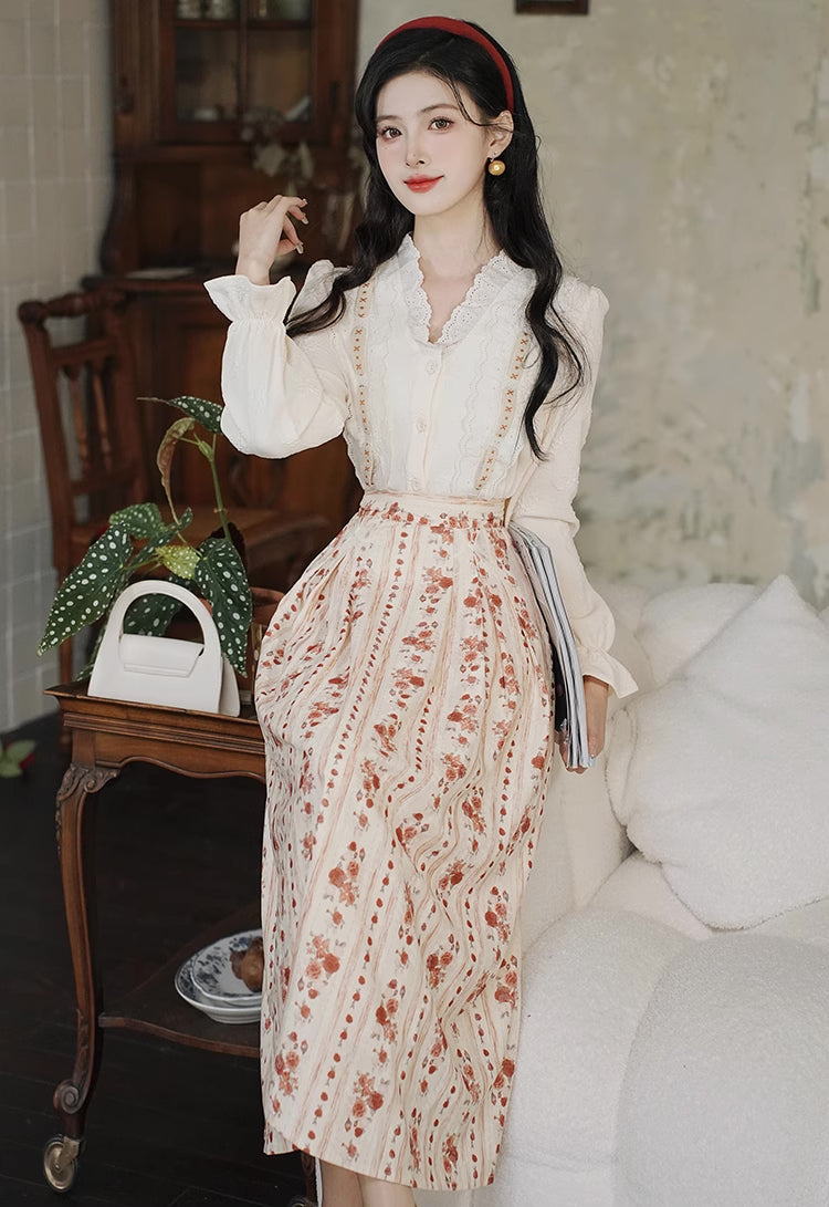 Rose Wallpaper Blouse & Skirt Set (Cream/Red)