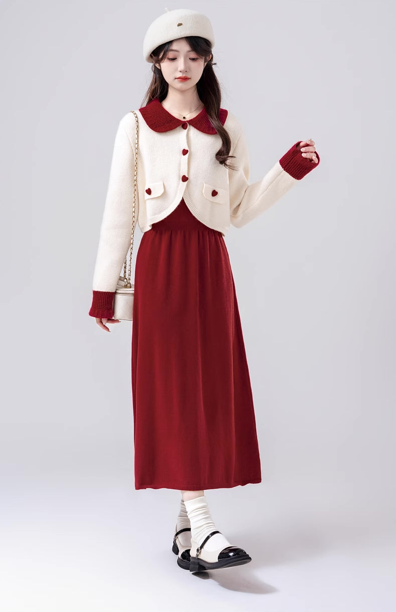 Sweetheart Cropped Cardigan (White/Red)