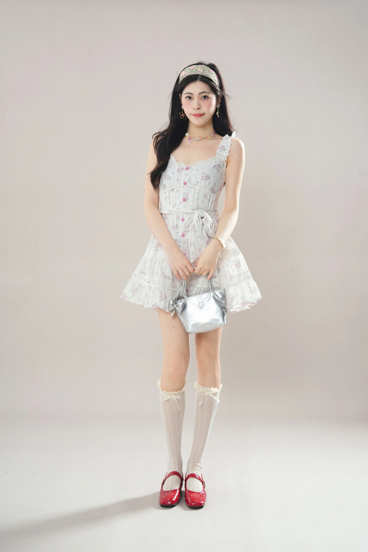 Rose Lace Tiered Mini Dress (White)