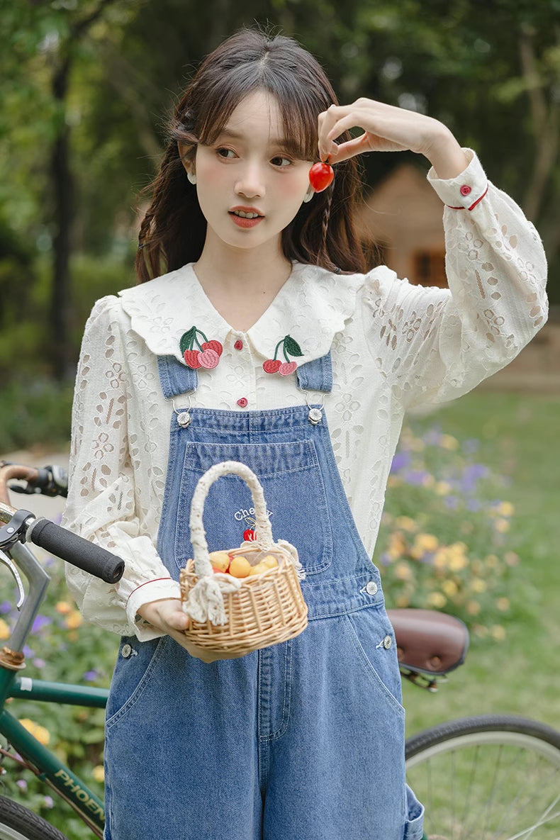 Cherry Denim Overalls (Medium Blue)