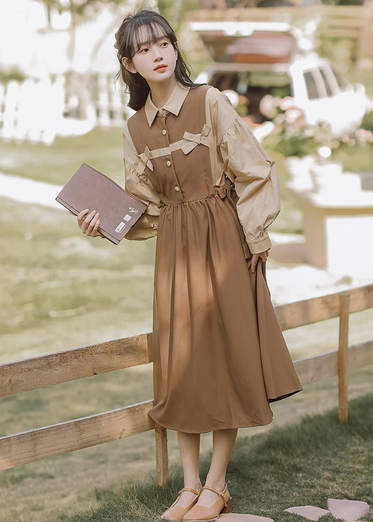 Cocoa Bows Twofer Midi Dress (Brown)