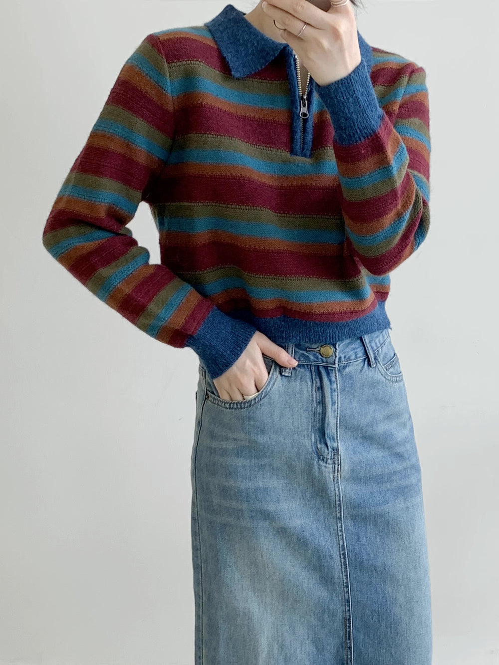 Autumn Vintage Stripe Polo Sweater (Blue/Red)