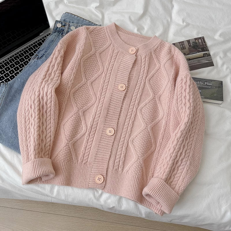 Cable Knit Round Neck Cardigan (7 Colors)