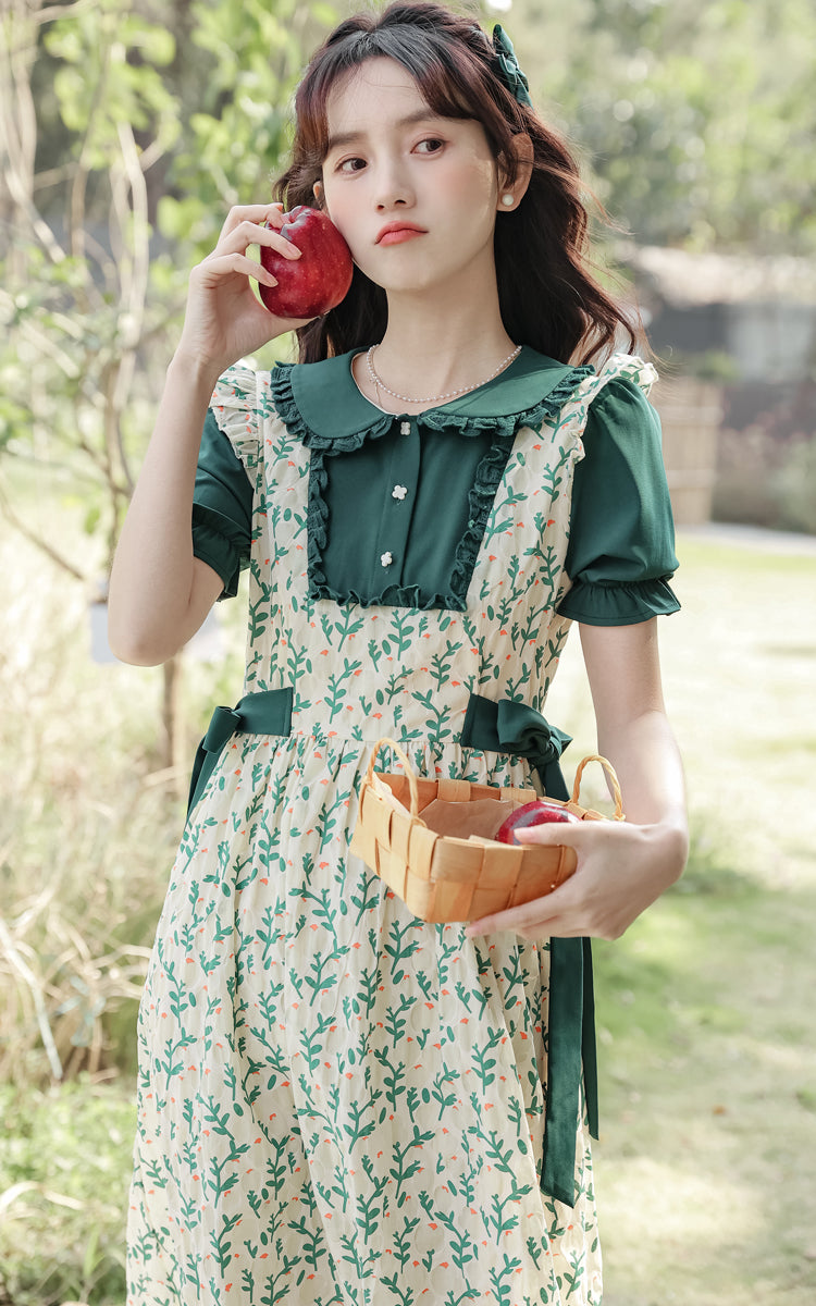 Flower Buds Pinafore Twofer Dress (Dark Green/White)