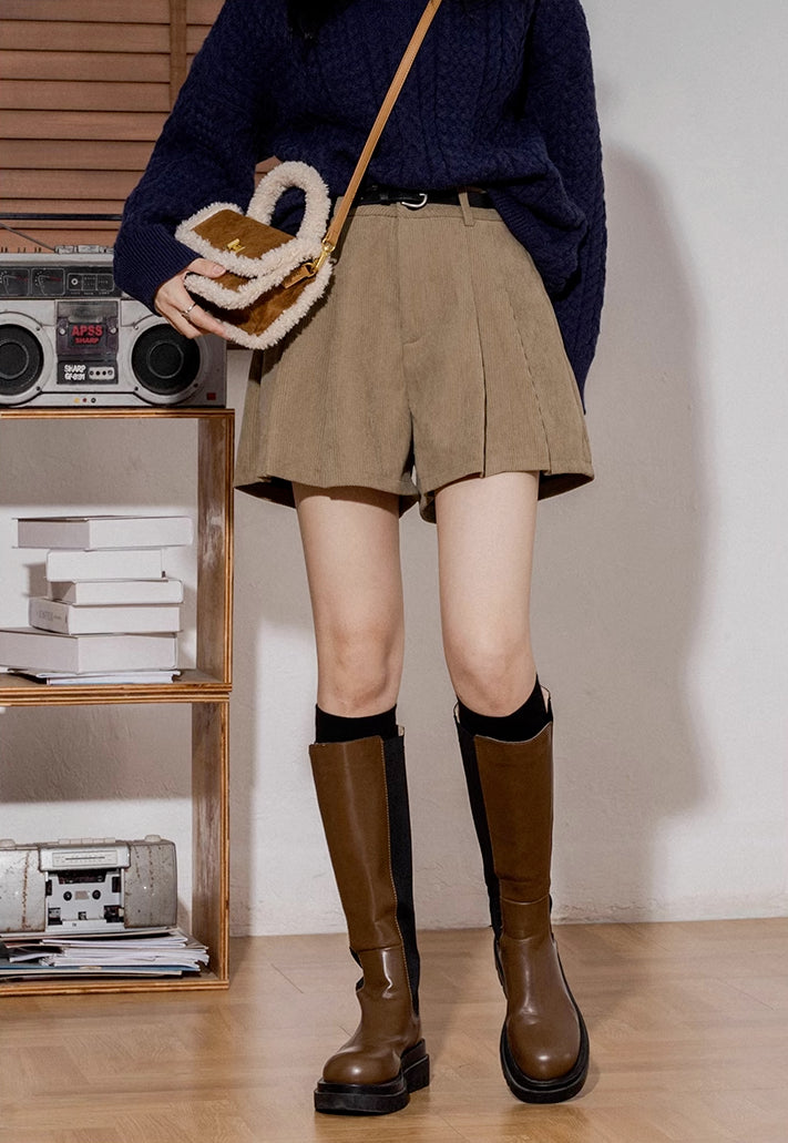Corduroy Pleated Flared Shorts (3 Colors)