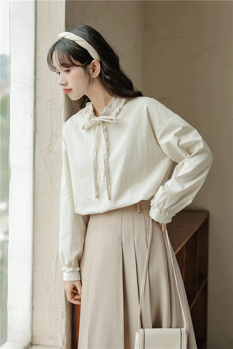 Ruffle Tie Blouse (Beige)