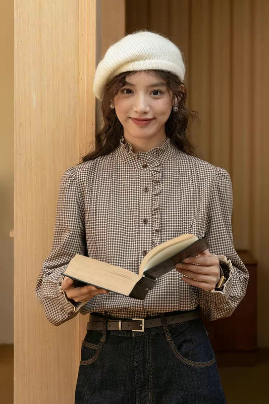 Gingham Plaid Ruffle Blouse (Coffee)