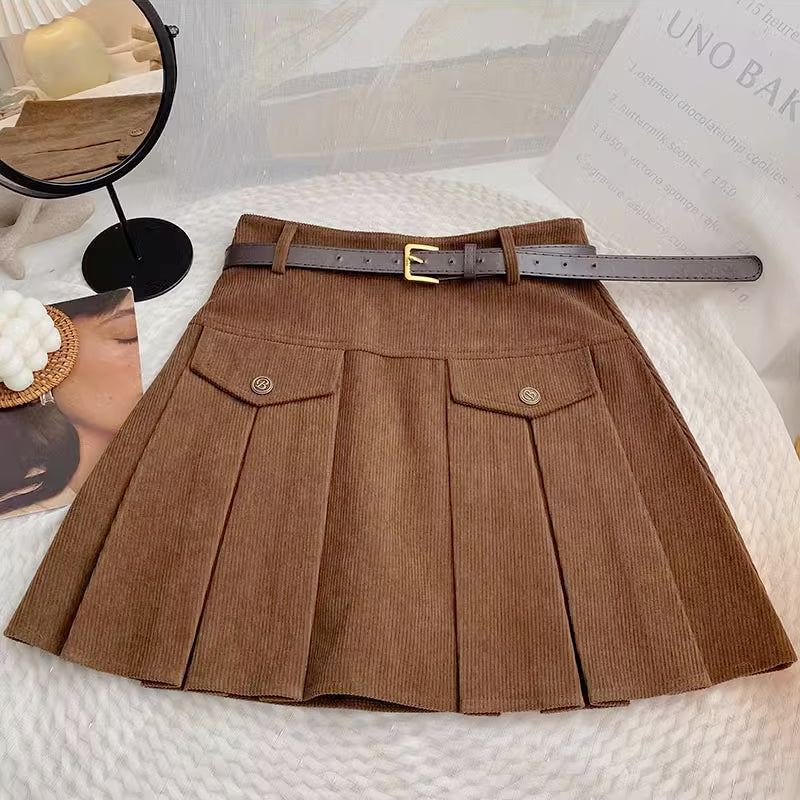 Corduroy Belted Pleat Skirt (3 Colors)