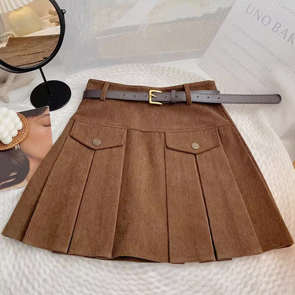 Corduroy Belted Pleat Skirt (3 Colors)