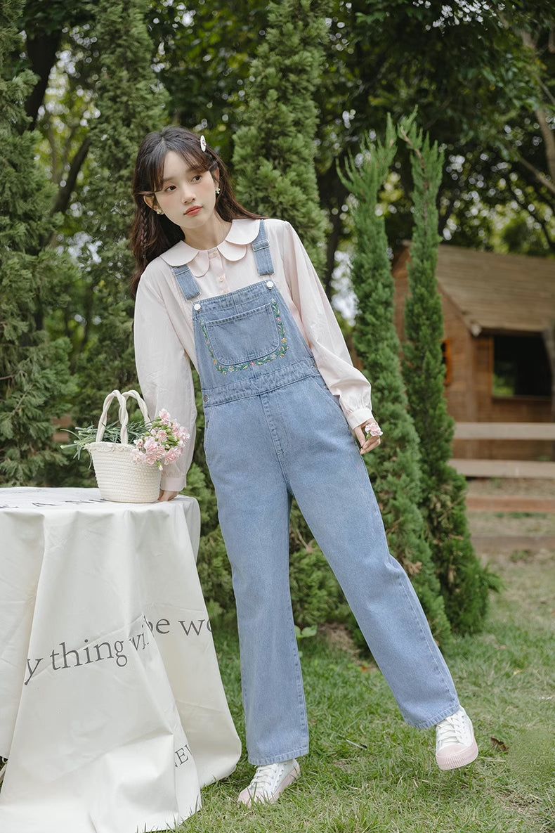 Retro Floral Embroidered Denim Overalls (Medium Blue)