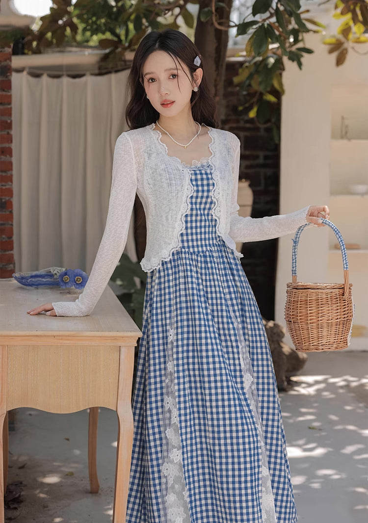 Gingham Lace Cami Maxi Dress (Blue)