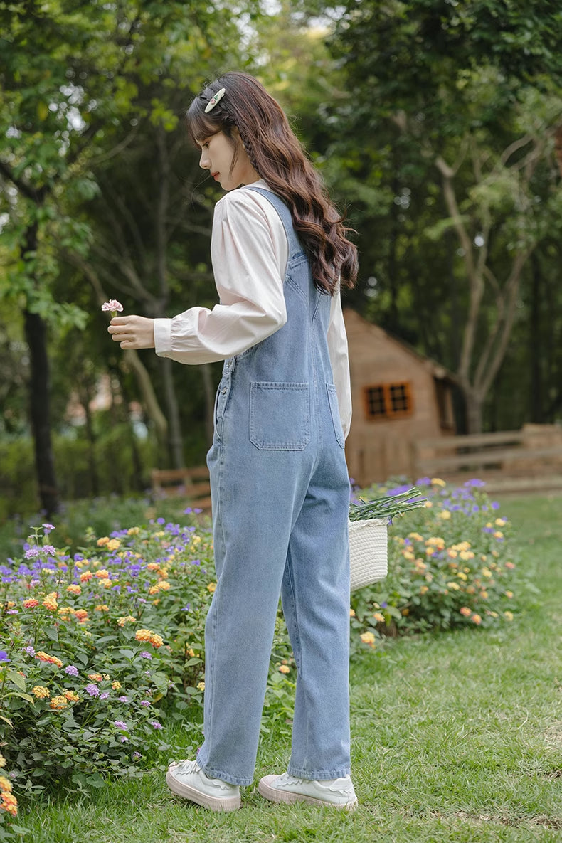 Retro Floral Embroidered Denim Overalls (Medium Blue)