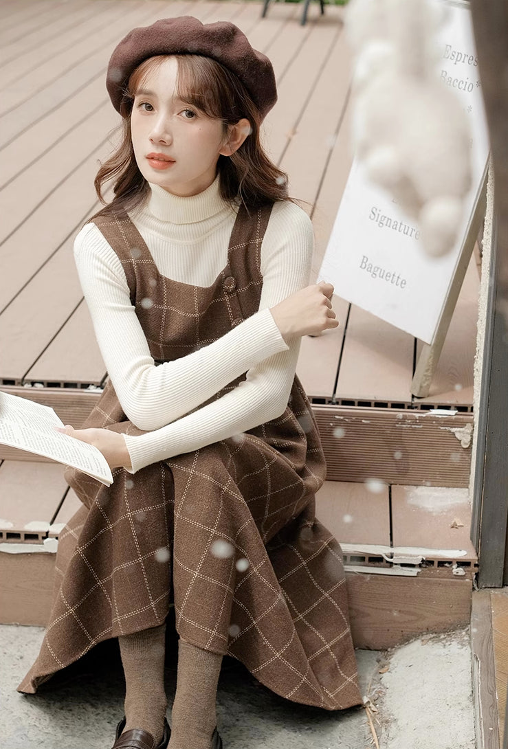 Belted Plaid Pinafore Dress (3 Colors)