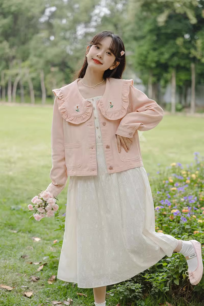 Sweet Heart Flower Embroidered Jacket (Pink)