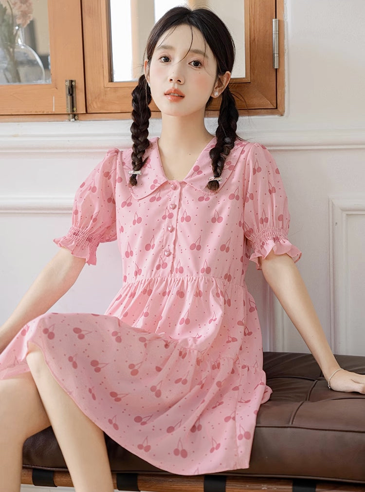 Sweet Cherry Tiered Shirt Dress (Pink)