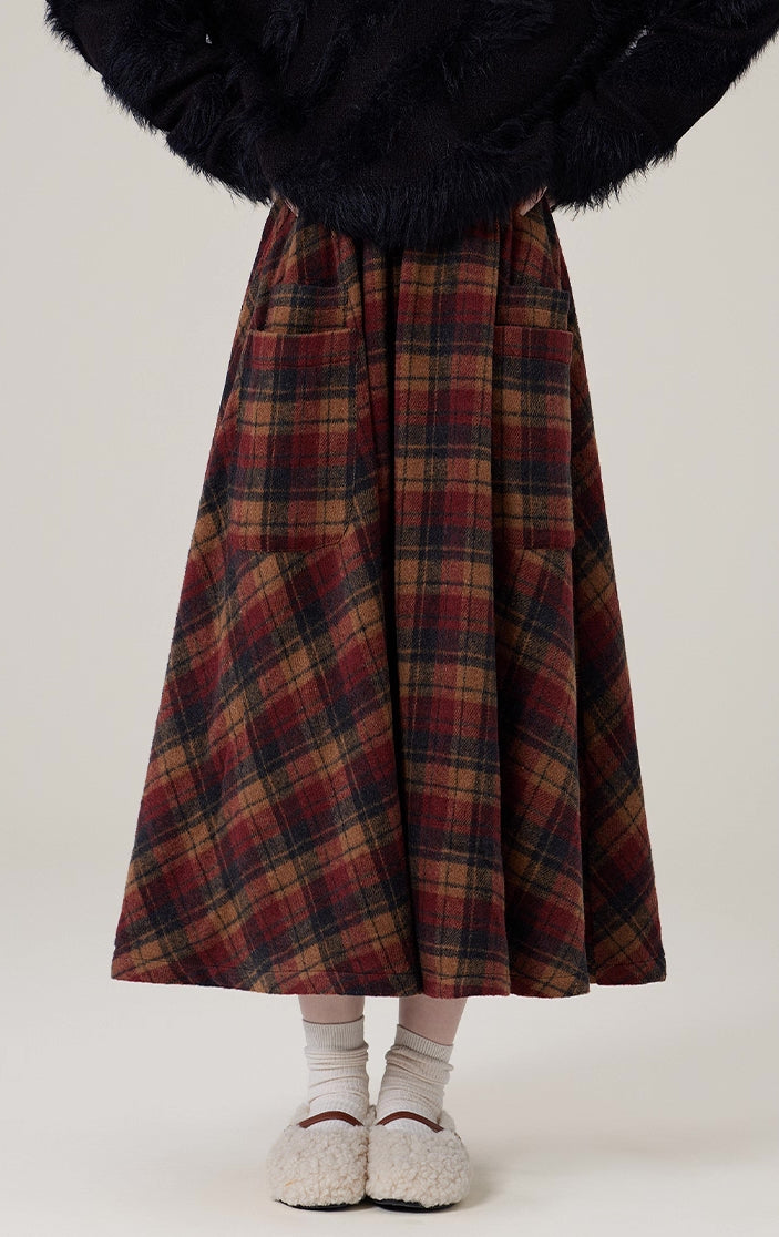 Bookshop Plaid Midi Skirt (Red/Khaki)