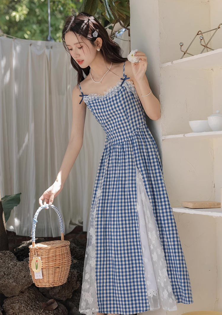 Gingham Lace Cami Maxi Dress (Blue)