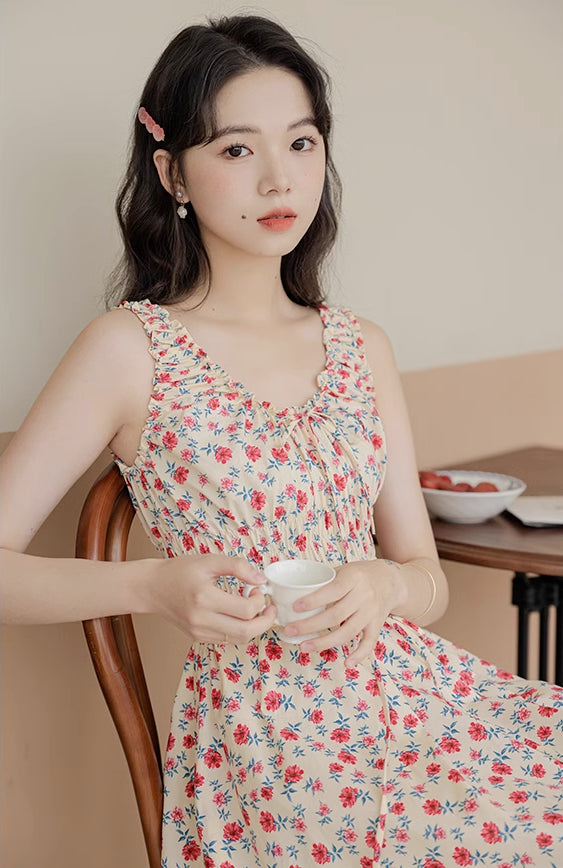 Camellia Smocked Midi Dress (Cream/Red)