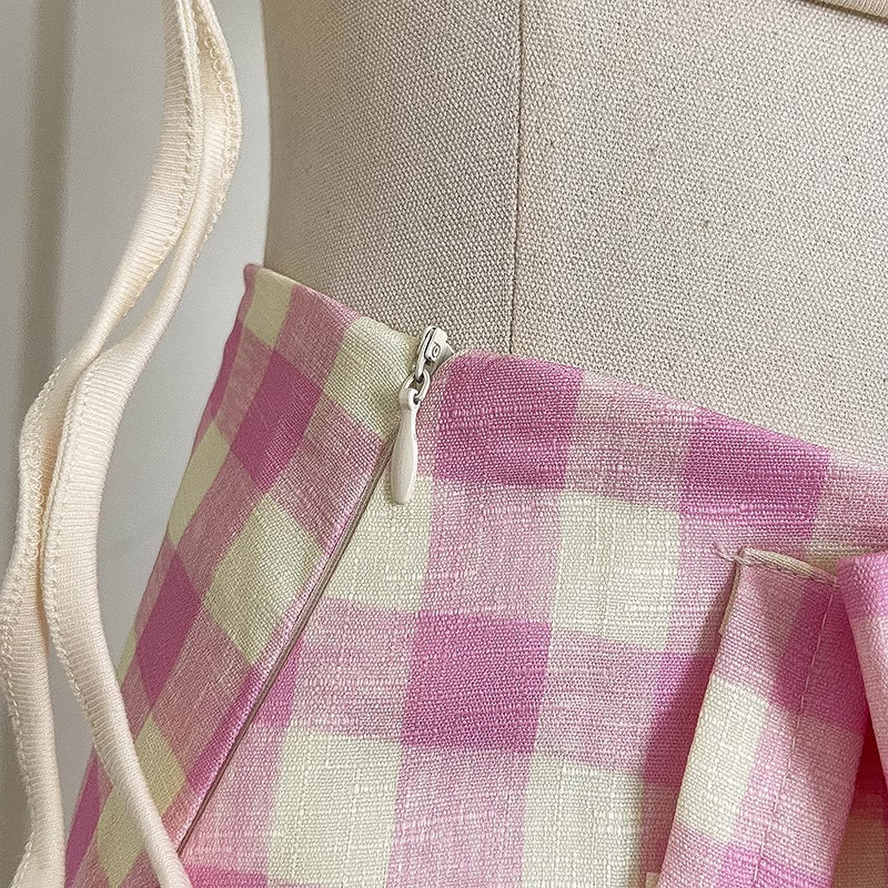 Gingham Pleated Midi Skirt (Pink)