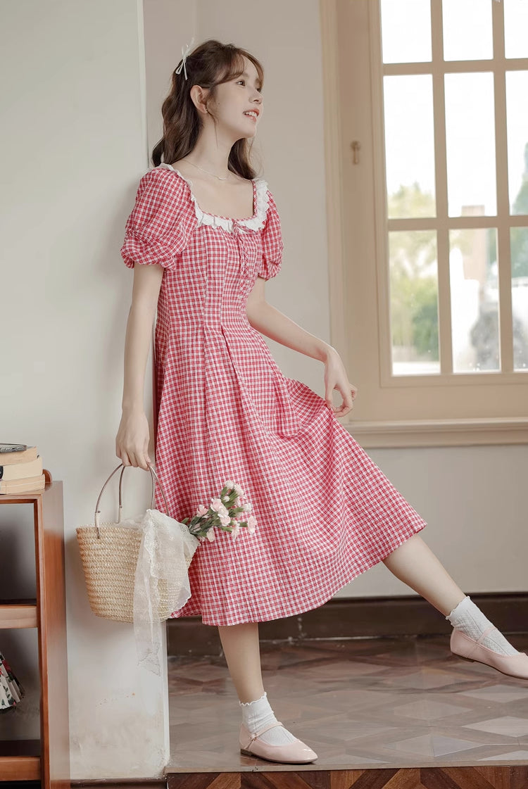 Plaid Puff Sleeve Midi Dress (Red)