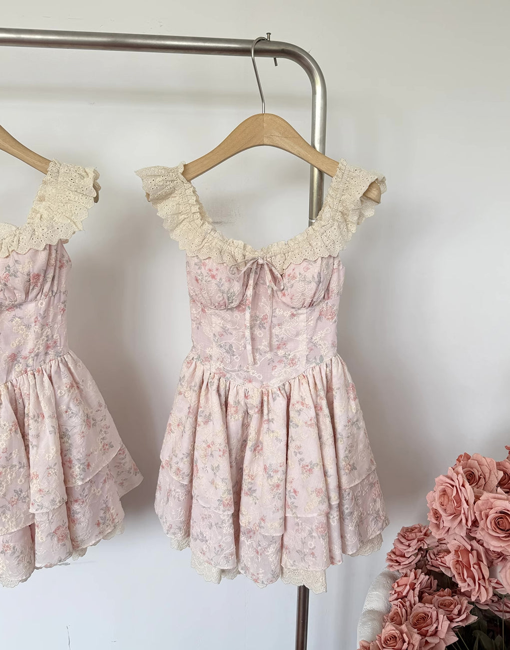 Floral Broderie Flutter Sleeve Mini Dress (Pink)