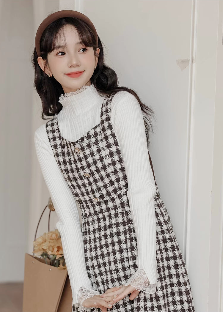 Gingham Tweed Pinafore Dress (Black Brown)