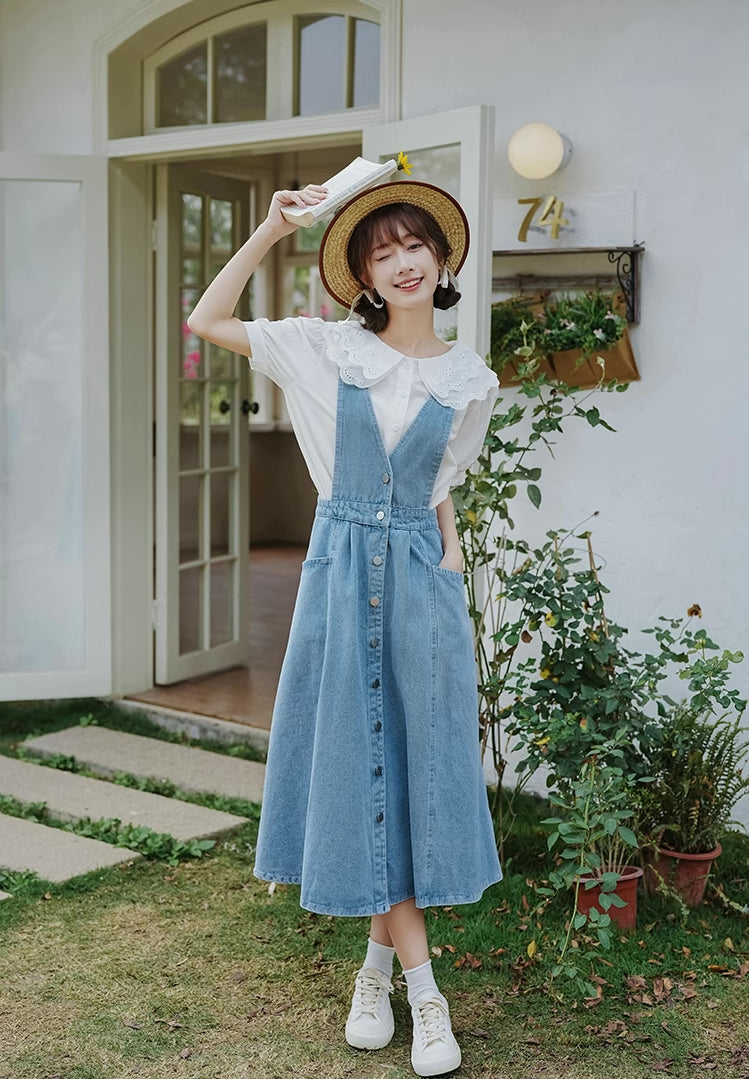 Button Denim Midi Pinafore Dress (Light Blue)