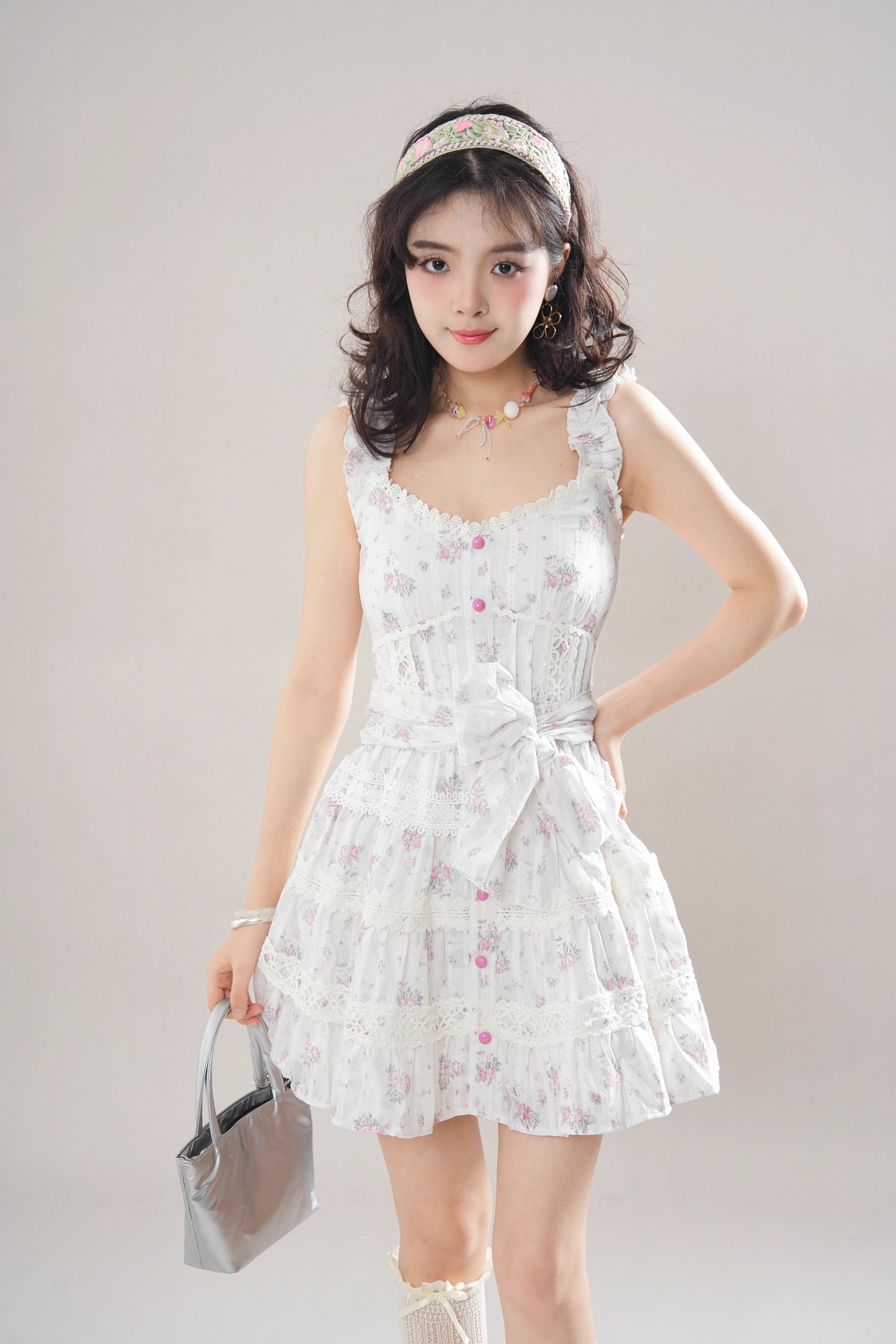 Rose Lace Tiered Mini Dress (White)