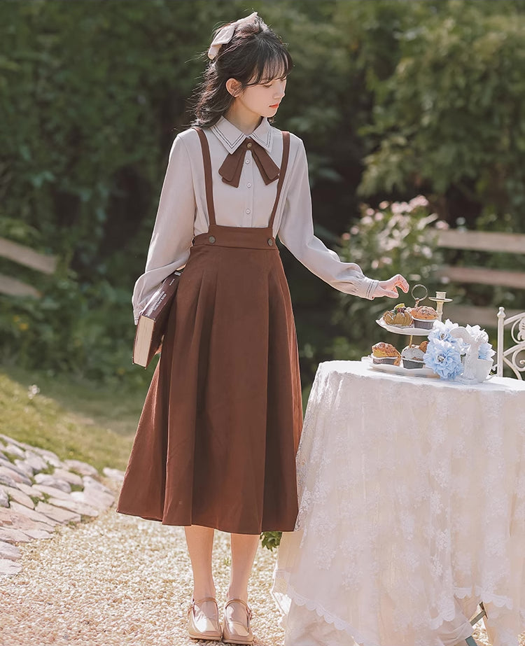 Corduroy Suede Suspender Skirt / Blouse (Brown)