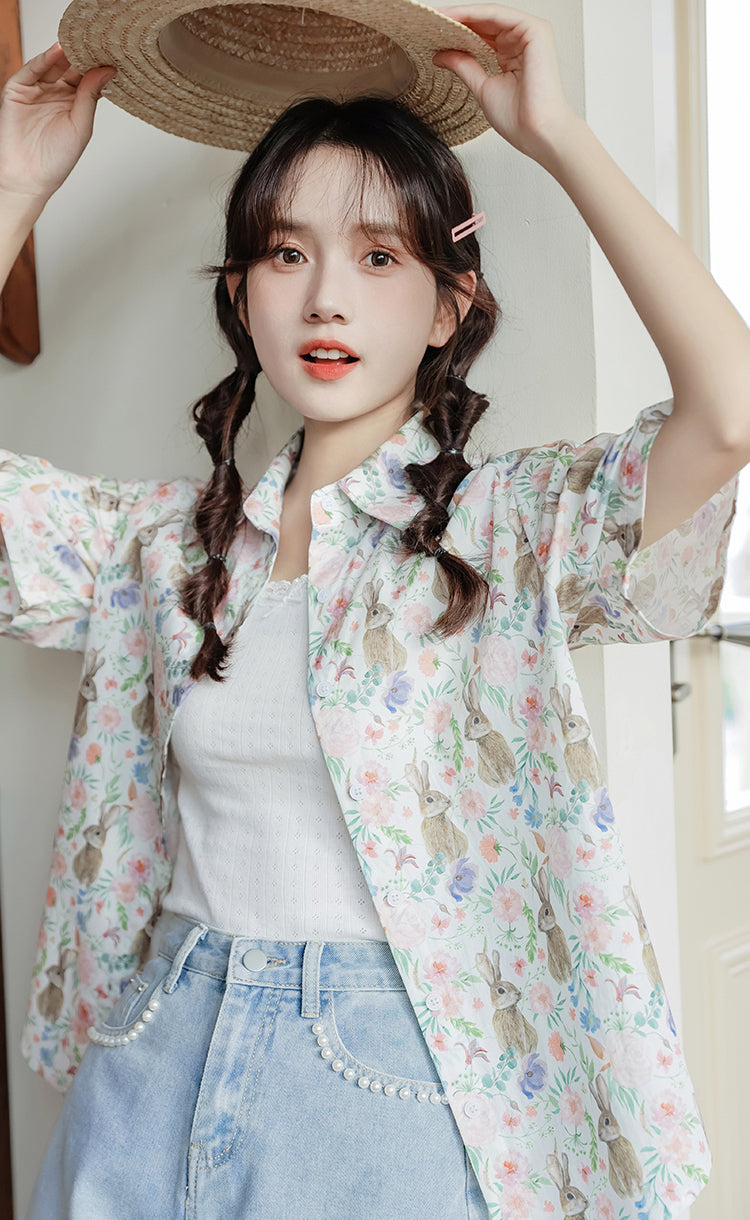 Rabbit Garden Button Up Shirt (White)