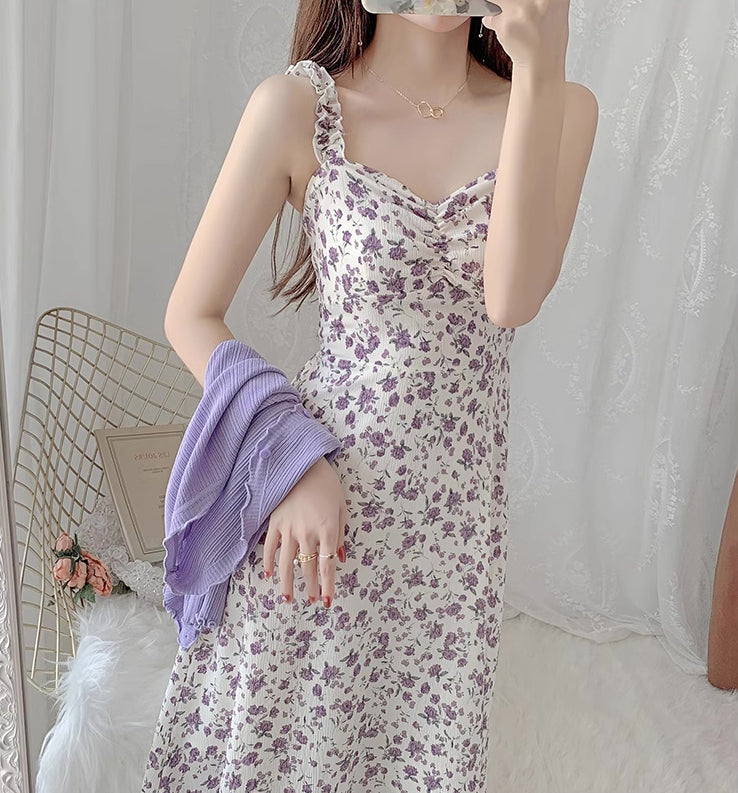 Enchanted Floral Midi Dress (White/Purple)