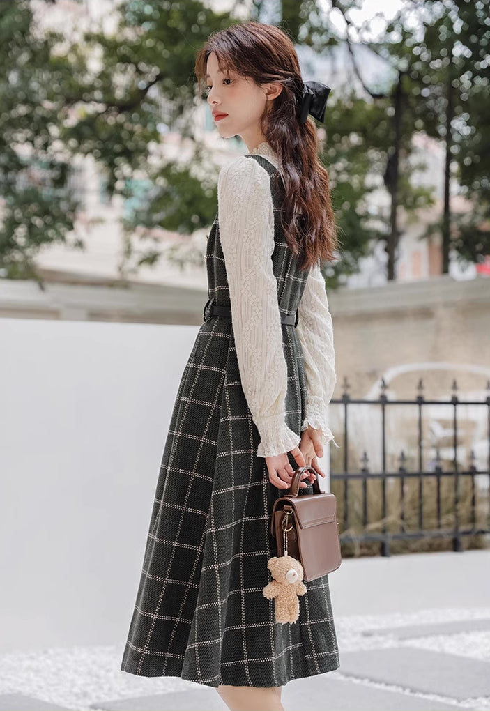 Plaid Pinafore Twofer Midi Dress (Green)
