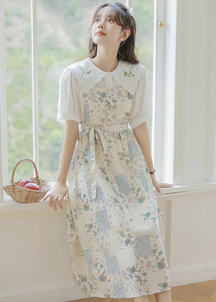 Ditsy Floral Patchwork Apron Dress (White)