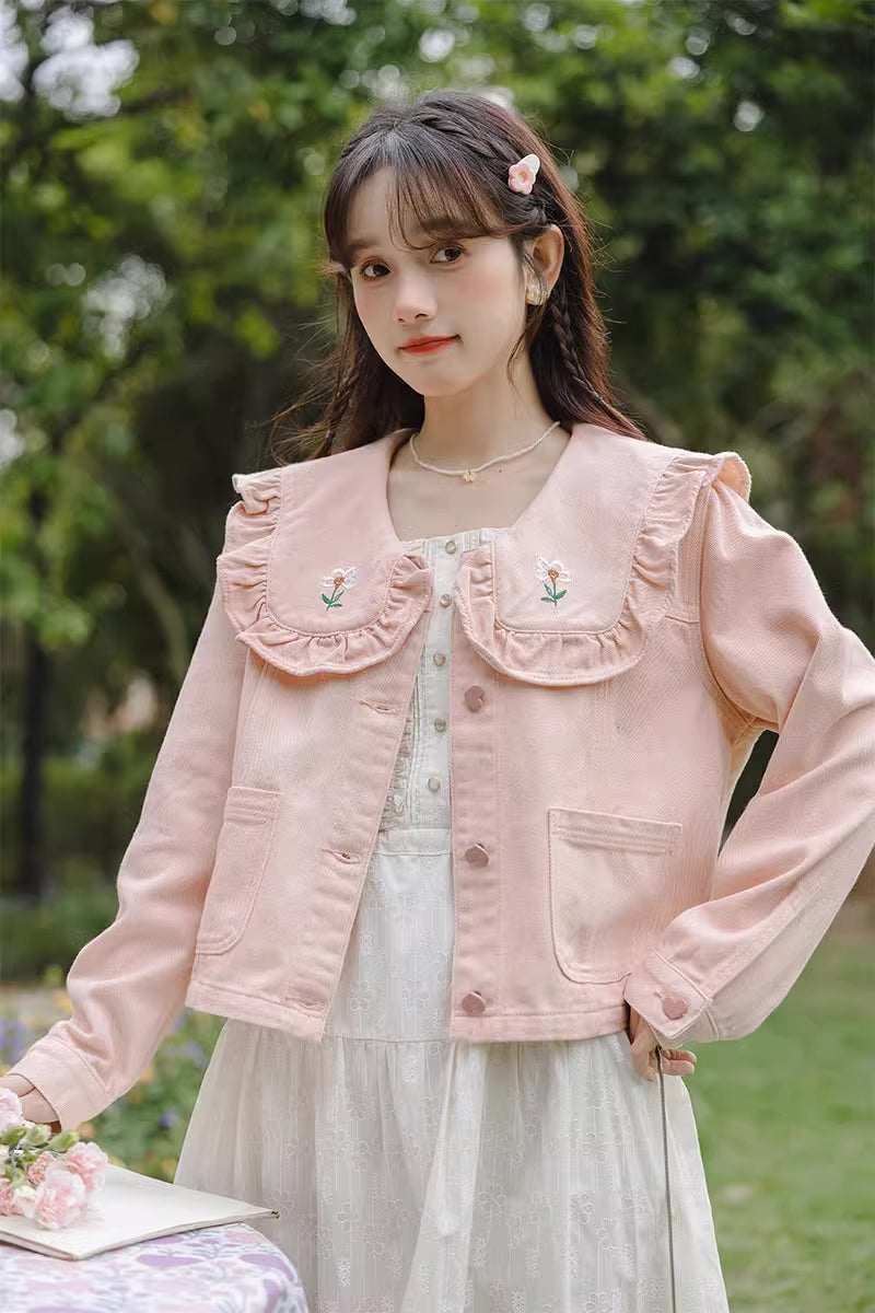 Sweet Heart Flower Embroidered Jacket (Pink)